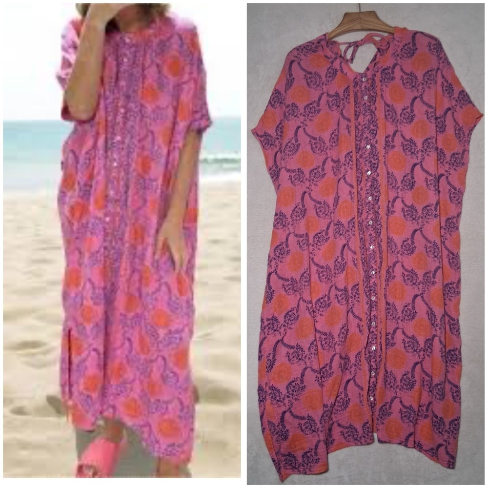 Anthropologie Pink Kaftan Maxi Lounge Dress Oversized Size S/M Gauzy Boho Beachy